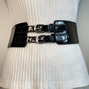 Womens Cinch Belt One Size Black Faux Patent Leather Double Buckle Elastic Back